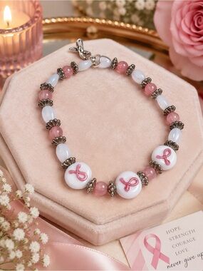 Breast Cancer Awareness Bracelet | Pink Ribbon Beaded Jewelry | Inspirational